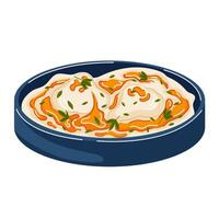 Turkish poached eggs with yogurt for breakfast in cartoon style. Cilbir with herb for restaurant menu isolated on a white background. vector