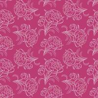 Peony flower seamless pattern in line art style on pink background. Design for wrapping paper, wedding invitation, textile, fabric, postcard. vector