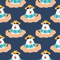 Seamless pattern Tuxedo cat in an inflatable ring sits on the sand wearing sunglasses, a hat and drinks cocktail in coconut from a straw. Flat style illustration for summer design on blue background. vector