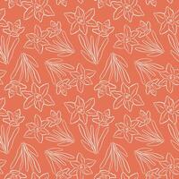 Seamless line art pattern with daffodil flowers and leaf in a line art style. Perfect for spring themed design, textile, wallpaper on orange background. vector