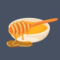 Honey in bowl with spoon dipper in cartoon style. Hand drawn design of spreading honey. Illustration isolated on dark background. vector