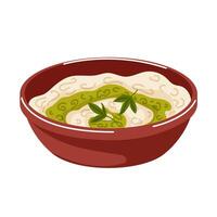 Turkish yogurt dip haydari for breakfast in cartoon style. Garlic yogurt sauce design for restaurant menu isolated on a white background. vector