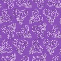Seamless floral pattern with crocus or saffron flower in line art style on purple background. Spring design for wallpaper, wrapping and textile. vector