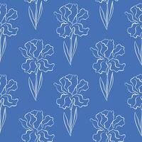 Elegant seamless line art style pattern with iris flower and leaf. Hand drawn illustration for textile design, wallpaper, packaging and spring background. vector