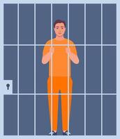 Prisoner in orange uniform behind bars of a prison cell. Punishment system for crime and law breaking. Arrested guilty man. illustration. vector