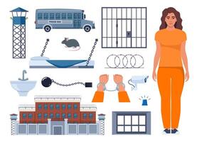 Prison icons. Observation tower, bed, prisoner, window, prison bars, toilet bowl, sink, jail cell, rat, barbed wire, hands in handcuffs, security camera. Penitentiary system icons. . vector