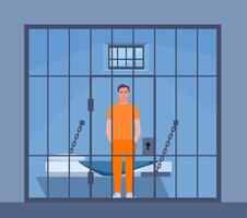 Man prisoner in orange suit behind bars of a prison cell. Punishment system for crime and law breaking. Arrested guilty man. illustration. vector