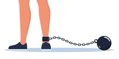 leg with iron chain, shackle and ball. Prison ball and chain. Prisoner. Committing violations of human rights. Shackles of power. illustration. vector