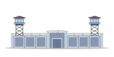 Prison fence with checkpoint, watchtower, block post, gate. Fence wire mesh barbed wire. illustration. vector