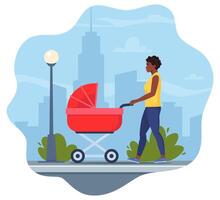 Young mother walking with a newborn that is in the pram. African American Woman with baby stroller walks through the city. Colorful illustration in flat style. vector