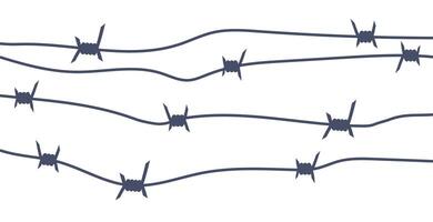 Barbed wire metallic border, sharply barb wire fencing. Prison barbed wire. Twisted steel protective barrier with spikes. Design for military, secure object, prison. illustration. vector