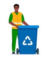 Garbage man in uniform with blue trash bin and recycling symbol on it. Garbage sorting. Zero waste, environment protection concept. African American man worker. illustration. vector