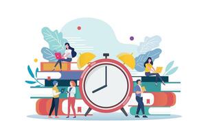 Tiny business people with alarm clock and stack of books vector