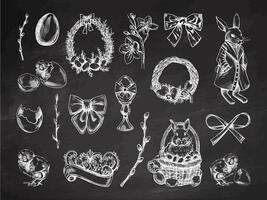 Hand drawn vintage Easter set with rabbits eggs bows wreaths flowers and holiday symbols on chalkboard background vector