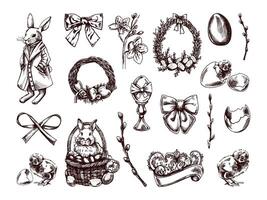 Vintage hand drawn Easter set with rabbits eggs bows wreaths willow branches and spring elements vector