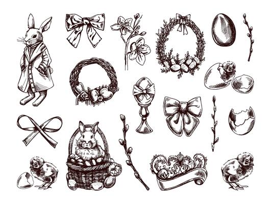 Vintage hand drawn Easter set with rabbits eggs bows wreaths willow branches and spring elements