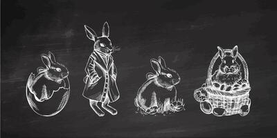 Chalkboard vintage hand drawn Easter bunnies set with basket and eggs vector