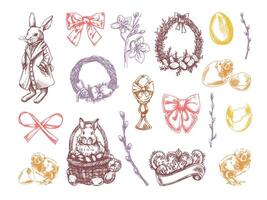 Hand drawn vintage colored Easter set with rabbits bows eggs and floral elements for festive design vector