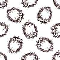 Hand drawn vintage seamless pattern of Easter wreaths with eggs vector