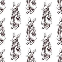 Hand drawn vintage seamless pattern of an Easter bunny in coat vector