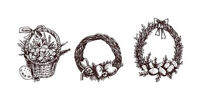 Vintage easter wreaths and basket hand drawn sketch collection vector