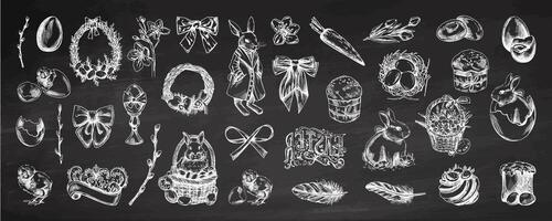 Vintage hand drawn Easter set with rabbits eggs bows wreaths willow branches and festive elements on chalkboard background vector