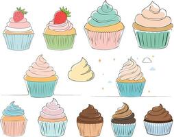 hand drawn style cupcake illustration set vector