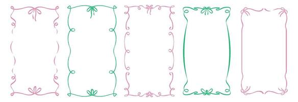 Quirky trendy Frames set, Hand Drawn pink and green Borders with bows for Wedding Invitation, Whimsical frames for birthday card, Squiggly and Wavy Borders. Minimalist line art. Flat vector