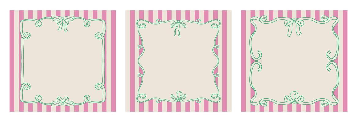 Set of vintage greeting frames with wavy bows. illustration of ribbon borders on striped background. Girly French clipart in retro aesthetic