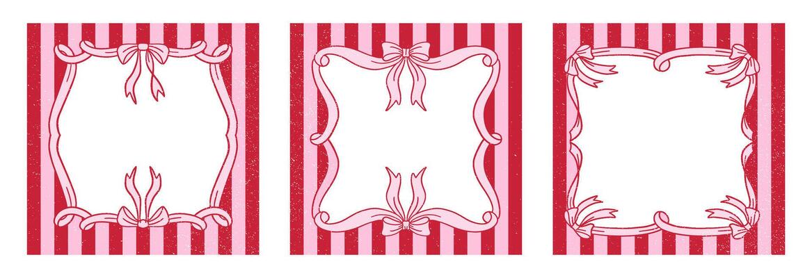 Set of vintage striped frames templates with wavy bows. illustration of ribbon borders on striped square aged grunge texture background. Holiday clipart in retro coquette aesthetic
