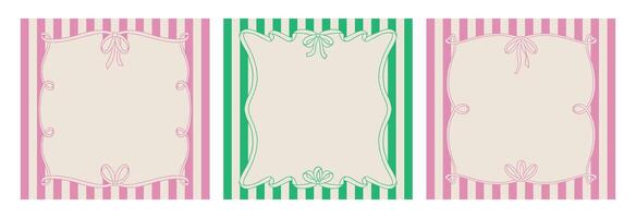 Set of hand drawn square quirky frames on striped backgrounds. illustration of vintage wavy bows. Valentines day greeting card templates in coquette aesthetic vector
