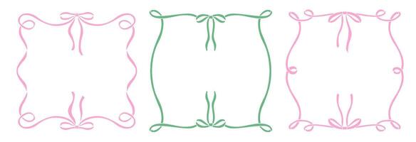 Set of bow border square frames. Hand drawn ink illustration. Simple flat Elements for poster, social media, banners, collage. Trendy ballet core, coquette core design. vector