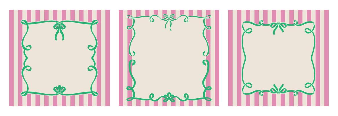 Set of vintage frames with bows and striped background. illustration of heart shaped frames with ribbon bowknots. Coquette greeting card templates.