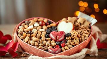 Heart-shaped plate with Valentine's day healthy food composition. photo