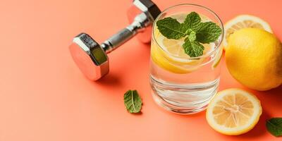 Refreshing citrus infused water with mint and fitness elements on peach background for healthy lifestyle inspiration photo