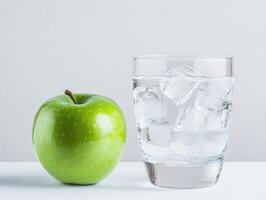 Minimalist composition with green apple and glass of ice water for freshness concept photo