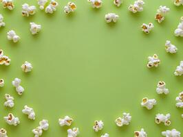 Playful popcorn arrangement on green background for creative design photo