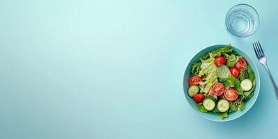 Fresh green salad in bowl next to glass of water on blue background. Flat lay design for healthy lifestyle inspiration photo