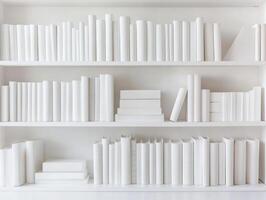 Minimalist flat lay of white book collection for modern interior design photo