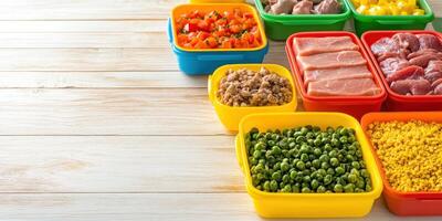 Colorful and organized meal prep with fresh ingredients on wooden table photo