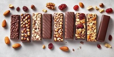 Delicious flat lay of assorted chocolate and nut bars for confectionery inspiration photo