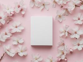 Minimalist product box mockup with floral cherry blossoms on pink background for branding design photo
