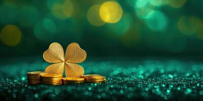 Festive gold coin clover for St. Patricks day celebration with green background photo