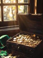 Rustic treasure chest overflowing with gold coins in sunlit room with green hat photo