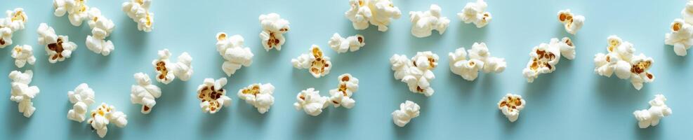 Minimalist popcorn flat lay with scattered pieces on blue background for design or decor photo