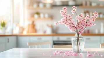 Cherry blossom centerpiece in a bright minimalist kitchen for elegant home decor photo