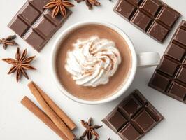Whimsical chocolate themed flat lay with hot cocoa and spices for cozy winter mood photo
