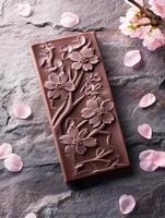 Handcrafted sakura flavored chocolate bar with intricate floral design for gourmet gift giving photo