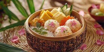 Traditional Japanese bento box with sakura blossoms for culinary delights and cultural experience photo