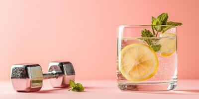 Refreshing lemon water and fitness dumbbell on minimalistic pink background photo